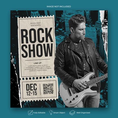 Rock music party or event banner templat... | Premium Psd #Freepik #psd #flyer #poster #vintage #music Musical Event Poster, Music Show Poster Design, Music Concert Poster Design Graphics, Live Performance Poster, Concert Design Poster, Concert Banner Design, Concert Poster Design Graphics, Live Band Poster, Live Music Poster Design