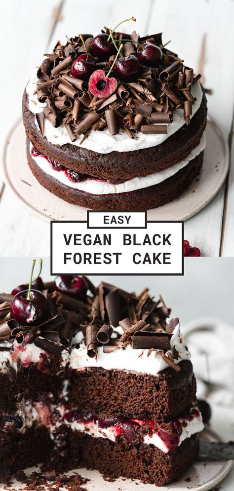 Dairy Free Black Forest Cake, Vegan Black Forest Gateau, Vegan Black Velvet Cake, Homemade Birthday Cake Chocolate, Eggless Black Forest Cake Recipe, Vegan Chocolate Cherry Cake, Black Forest Gateau Cake, Vegan Layered Cake, Black Forest Mousse Cake