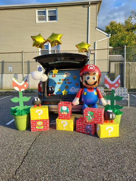 Trunk Or Treat Ideas For Classroom, Halloween Trunks Ideas, School Halloween Trunk Or Treat, Trunk Or Treat Ideas For Cars Super Mario, Car Decoration For Halloween, Truck A Treat Ideas, Super Mario Brothers Trunk Or Treat Ideas, Mario World Trunk Or Treat, Trunk Or Treat Mario Ideas For Cars