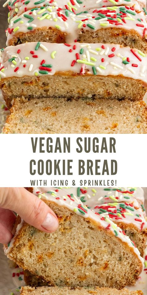 Vegan Sugar Cookie Bread Vegan Loaf Bread, Vegan Loaf Recipes, Vegan Sugar Free Desserts, Christmas Vegan Recipes, Vegan Christmas Treats, Vegan Holiday Cookies, Cookie Bread, Vegan Christmas Desserts, Christmas Vegan