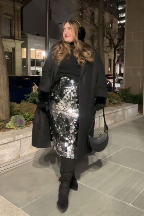 Mixed Sequin Column Midi Skirt curated on LTK Sequin Plus Size Outfit, Plus Size Winter Party Outfit, Midi Sequin Skirt Outfit, Sequin Midi Skirt Outfit, Sequence Skirt Outfit, Maximalist Clothes, Silver Sequin Skirt Outfit, Diana Dares, Silver Skirt Outfits