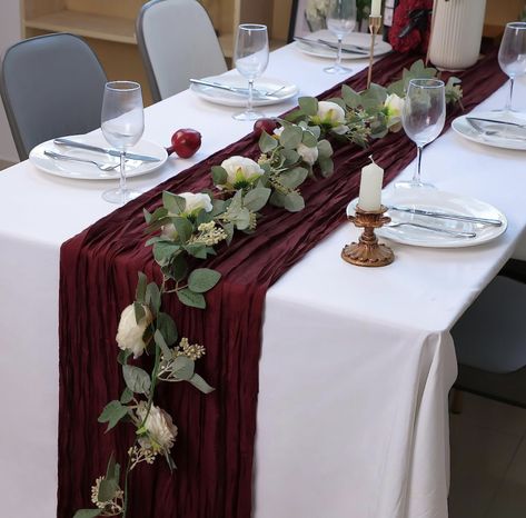 Long Table Decorations, Burgundy Table Runner, Long Table Centerpieces, Burgundy Baby Shower, Burgundy Wedding Centerpieces, Burgundy Decor, Burgundy Wedding Theme, Table Runner For Wedding, Gauze Table Runner