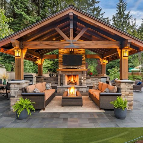 Outdoor Living Spaces Ideas, Outdoor Fire Pit With Swings, Backyard Pavilion Furniture, Backyard Detached Patio, Outdoor Wood Patio Ideas, Outdoor Carport Ideas Patio, Outside Sitting Area With Fire Pit, Freestanding Outdoor Covered Patio Ideas, Pergola With Pizza Oven