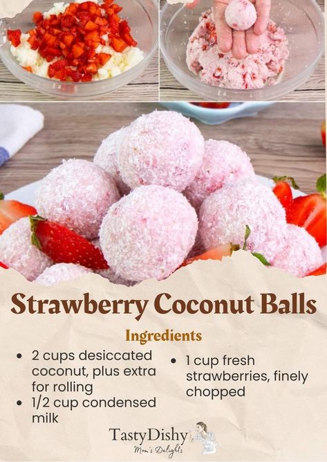 Coconut Strawberry Bliss Balls, Strawberry Coconut Balls, Bunny Snacks, Coconut Balls Recipe, Cherry Balls, Cup Of Fruit, Cookies 2023, Savoury Bites, Bakery Inspiration