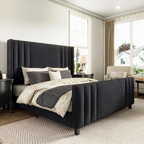 Tufted headboard, master bedroom, modern master bedroom ideas, black velvet headboard, vertical lined velvet headboard, Black King Size Bed Master Bedrooms, Black Upholstered Bed, Bed Frame Velvet, Channel Tufted Headboard, Tufted Upholstered Bed, Black Bed Frame, Adjustable Bed Base, Velvet Upholstered Bed, Black Headboard