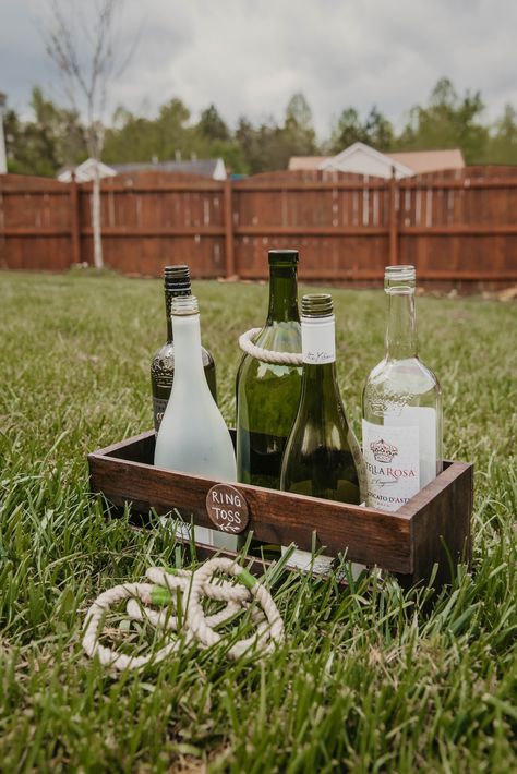 Engagement Party Ring Toss, Outdoor Wedding Lawn Games, Diy Garden Games Wedding, Wedding Ring Toss Game, Wedding Cocktail Hour Lawn Games, Wine Bottle Ring Toss, Backyard Engagement Party Games, Backyard Wedding Activities, Ring Toss Wedding