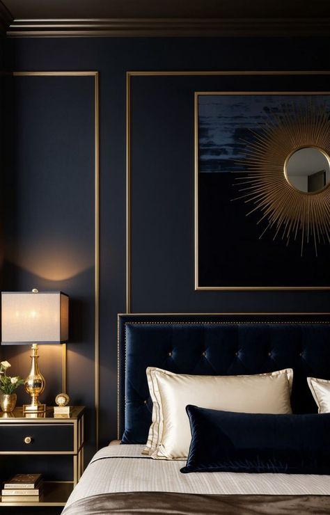 Midnight Blue Bedroom, Dark Blue Rooms, King Size Bed Designs, Blue And Gold Bedroom, Dark Blue Bedrooms, Blue Bedroom Walls, Blue Accent Walls, Dark Blue Walls, Aesthetic Bedroom Ideas