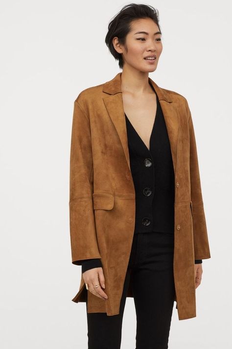 H&M Faux Suede Jacket Suede Outfit Women, Black Suede Jacket Outfit, Suede Blazer Outfit, Suede Jacket Outfit, Brown Suede Jacket, Suede Blazer, Long Coat Jacket, Jacket Outfit Women, Long Leather Coat