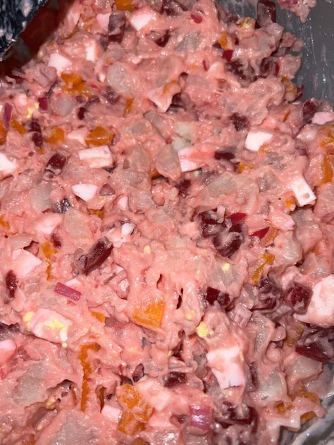 A delicious Dominican Style potato salad known as "pink potato salad" for its color from beets and also sometimes called ensalada rusa. Pink Potato Salad, Potato Salad With Beets, Haitian Potato Salad Recipe, Russian Potato Salad Recipes, Dominican Potato Salad, Dominican Potato Salad With Beets, Red Bliss Potato Salad, Estonian Potato Salad, Chicken Pot Pie Dinner