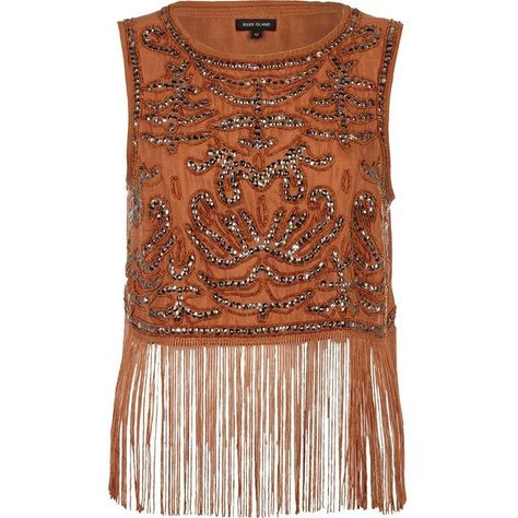 River Island Brown sequin embellished fringed tank top ($19) ❤ liked on Polyvore featuring tops, shirts, tank tops, tanks, sale, crop tank, brown shirts, sequin tanks, cropped tank top and brown crop top Trendy Fringe, Look Boho Chic, Fringe Shirt, Boho Tank Top, Tassel Top, Boho Crop Tops, Festival Summer, Estilo Boho Chic, Fringe Top