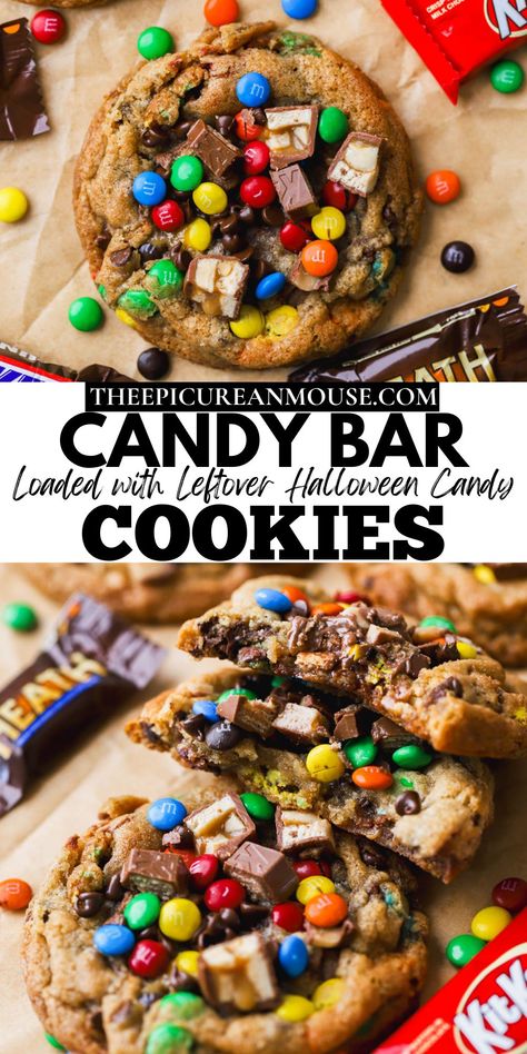 Got buckets of halloween candy and don't know what to do with it? I've got you covered with these delicious and incredibly easy candy bar cookies. They are filled with all of your favorite chocolatey treats, along with some additional chocolate chips. Halloween Candy Baking Ideas, Brown Butter Candy Cookies, Recipes With Halloween Candy, Cookies With Halloween Candy, Leftover Candy Cookies, Halloween Candy Cookies Leftover, Candy Themed Desserts, Candy Bar Cookie Bars, Leftover Halloween Candy Cookies