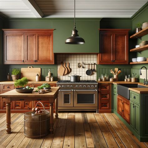 cherry kitchen cabinets with moss green walls Cherry Cabinet Kitchen, Moss Green Walls, Cherry Kitchen Cabinets, Green Kitchen Walls, Cherry Wood Kitchens, Cherry Wood Cabinets, Dark Green Kitchen, Honey Oak Cabinets, Transitional Kitchen Design