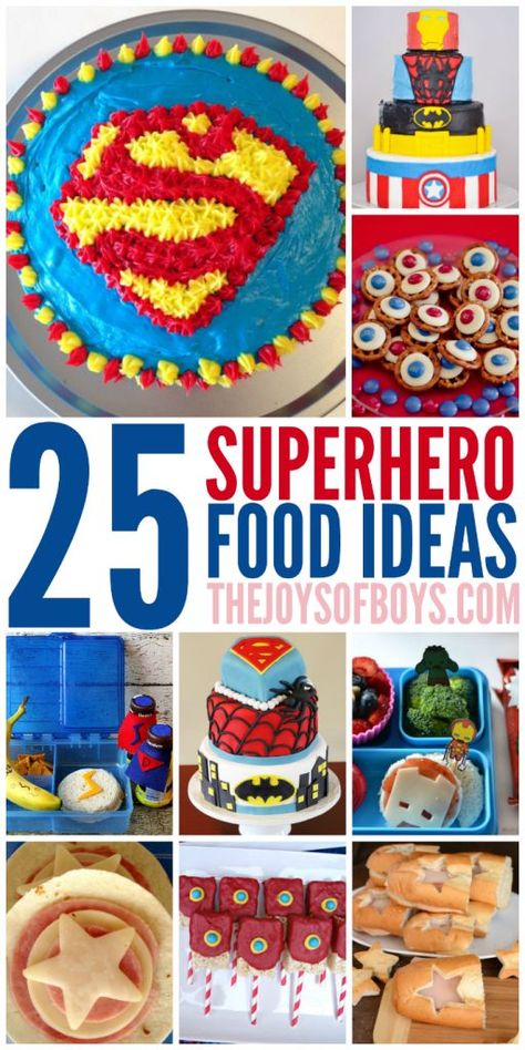 25 Superhero Food Ideas that Don't Require Super Powers to Make (except maybe those cakes!)  These are perfect for a Superhero party! Superhero Food Ideas, Super Hero Food, Superhero Baby Shower, Marvel Party, Baby Superhero, Avenger Birthday Party, Avengers Party, Avengers Birthday, Superhero Birthday Party