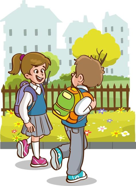 children going to school cartoon vector Oil Painting Background, Illustration Art Kids, School Illustration, School Cartoon, Dancers Art, Designs Coloring Books, Friend Cartoon, Going To School, Vector Cartoon