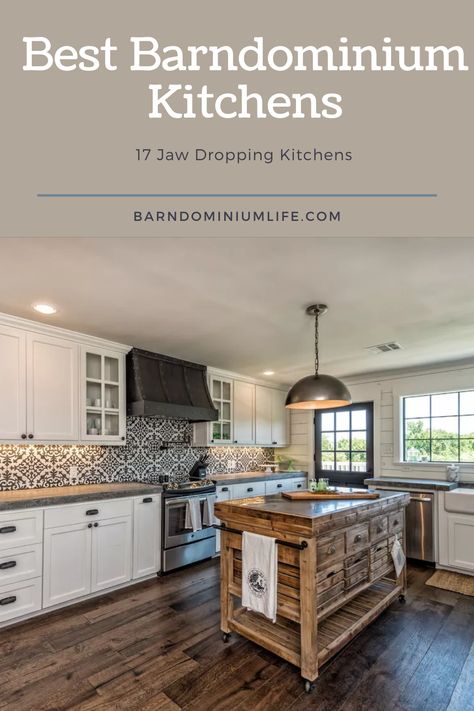 Barndominium Kitchen Backsplash, Barndominium Kitchen Design, Farmhouse Barndominium Kitchen, Barndo Kitchen Layout, Bardominum Kitchen Ideas, Butcher Block Island With Granite Countertops, Barndominium Kitchen Ideas Farmhouse, Barndominium Kitchen Cabinets, Small Barndominium Kitchen