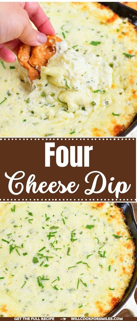 This easy Four Cheese Dip is smooth, creamy, and extra cheesy made with four different kinds of flavorful cheese! Fresh chives and parsley add just the right flavor to this rich and savory cheese dip. 5 Cheese Dip Recipes, 3 Cheese Dip Recipes, Dominoes Cheese Dip, Three Cheese Dip Recipes, Cheesy Dipping Sauce, Cheese Dip Recipes For Bread, Sharp Cheddar Cheese Dip, Hot Cheesy Dip Recipes, Best Cheese Dip Ever