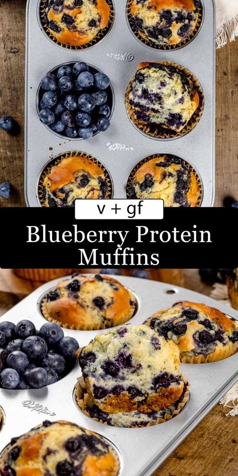 A silver muffin tray is filled with freshly baked homemade blueberry protein muffins. Fresh blueberries and more muffins surround the tray as it sits on a wood kitchen table. Protein Blueberry Muffins, Protein Blueberry, Blueberry Protein Muffins, Vegan Blueberry Muffins, Dairy Free Protein, Muffins Vegan, Gluten Free Protein, Dairy Free Breakfasts, Protein Muffins