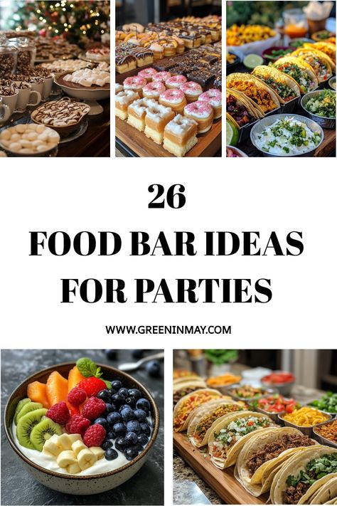 Planning a party and need a fun food setup? These 29 food bar ideas for parties are sure to be a hit with guests! From taco bars to dessert stations, these easy party food ideas make hosting a breeze. Plus, you'll find cheap, easy party food options perfect for feeding a crowd. Food Bar Ideas For A Crowd, Garage Party Food Ideas, Diy Dinner Bar Ideas, Dessert And Drinks Party Ideas, Buffet Style Party Food Bar Ideas, Food For Parties Buffet, Lunch Bar Ideas Food, Self Serve Food Bar Ideas, Themed Buffet Ideas