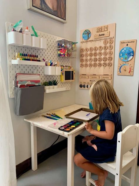 11 Homeschool Room Ideas That Every Kid Will Want To Learn In Small Room More Storage, Fun Study Room, Homeschool In Small House, Homeschool Classroom Small Space, School Room Homeschool Small Spaces, Art Section In Room, Homeschool Room Ideas Elementary, Small Study Area Ideas, School Corner At Home