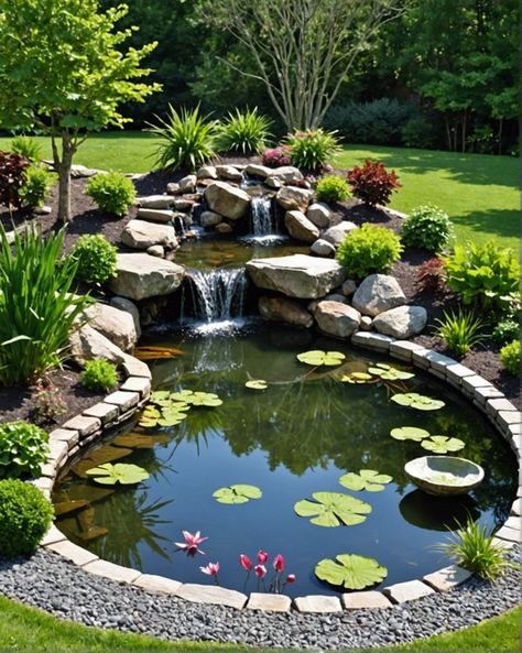 Small Backyard Koi Pond Ideas, Backyard Landscaping With Pond, Pond Border Ideas, Pond Landscape Design, Pond Ideas Backyard, Pond In Garden, Water Features For The Yard, Front Yard Pond, Garden Fish Pond