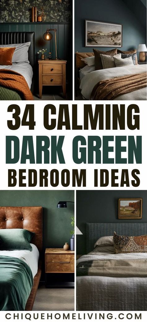 Bedroom Inspirations Dark Green, Dark Green Rooms Ideas, Forest Green Master Bedrooms Decor, Dark Wall Paint Ideas, Dark Cozy Bedroom Ideas Accent Wall, Dark Green Bedding Bedroom, Dark Green Guest Bedroom, Emerald Green Color Scheme Bedroom, Hunter Green Bedroom Decor