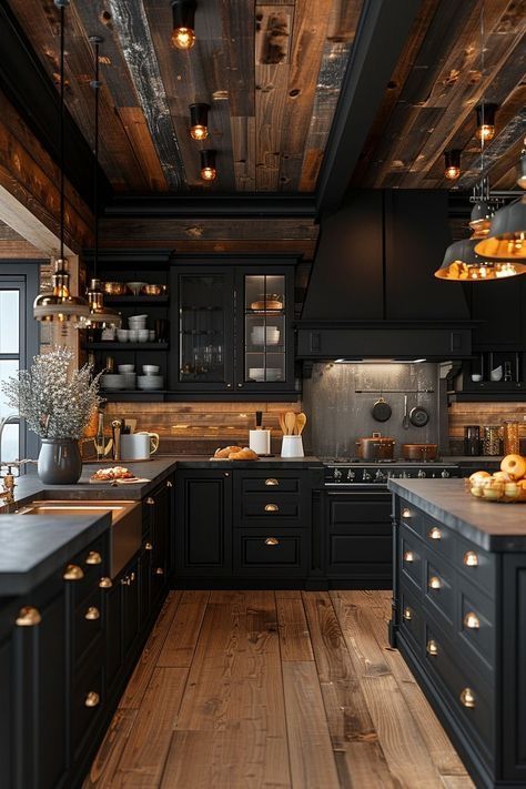 Dapur Rustic, Moody Kitchen, Interior Design Per La Casa, Dark Home Decor, Rustic Kitchen Design, Dark Home, Kitchen Inspiration Design, Dream House Interior, Large Kitchen