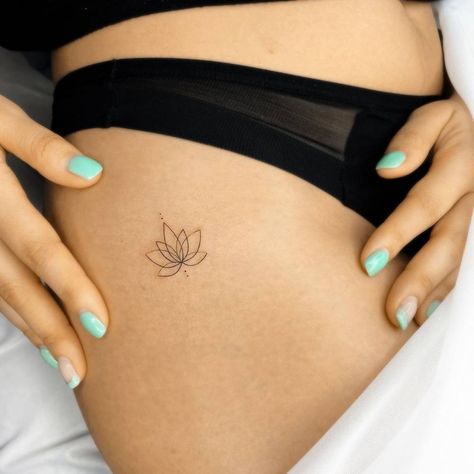 Fine line lotus flower tattoo on the hip. Aggrogoth Tattoo, Lotus Flower Tattoo Ideas, Lotus Flower Tattoos, Lotusblume Tattoo, Small Lotus Tattoo, Flower Tattoo Ideas, Lotus Tattoo Design, Petite Tattoos, Small Hand Tattoos