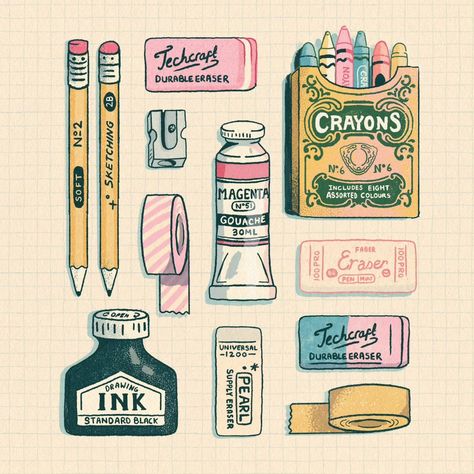 Some of my favourite art supplies 💗 so delighted to see @thetuesdaycollective theme this week... Crayons! Such a favourite but also had to … | Instagram Cute Stuff To Doodle, Art Supply Illustration, Cute Stuff To Print, Cute Product Design, Art Supply Drawing, Art Supplies Illustration, Cute Art Supplies, Planner Drawings, Art Tools Illustration