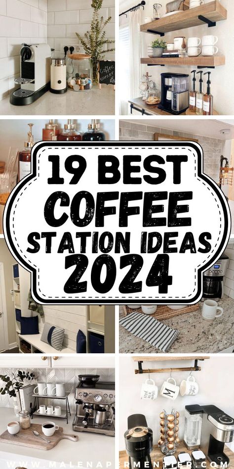 coffee station ideas White Cabinets With Wood Countertops, Cabinets With Wood Countertops, Koffie Stations, Kitchen Counter Coffee Station, Coffee/wine Bar Ideas, Coffee Station Ideas Countertop, Coffee Corner Kitchen, Home Coffee Bar Ideas, Countertop Diy