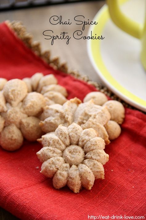 Chai Spritz Cookies, Fall Spritz Cookies, Pressed Cookies Recipe, Spritz Cookies Recipes Best, Press Cookies, Spritz Cookie Press, Cookie Press Recipes, Spritz Cookie, Spritz Cookie Recipe