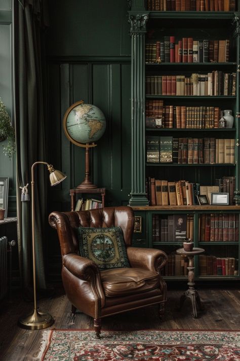 Use these ideas if you want to create a dark feminine, dark acadmia vibe in your home. Moody Green Study, Dark Green Study Room, Dark Academia Farmhouse, Dark Green Office Aesthetic, Dark Moody Rooms, Dark Cottagecore Office, Green Office Room, Dark Green Library, Dark Academia Home Library