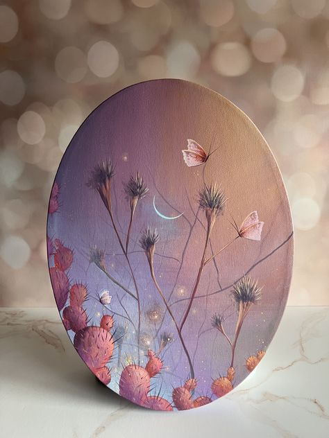 Original acrylic painting on oval canvas. The start of a new collection I am creating. Follow along @babyjessart on IG to watch the progress of this collection! Oval Canvas Painting Ideas, Oval Canvas Painting, Fairytale Painting, Oval Painting, Oval Canvas, Aesthetic Paintings, Acryl Painting, Easter Paintings, Circular Art