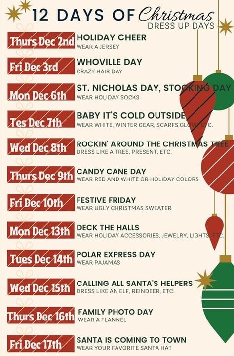 Holiday School Spirit Days, Fun 12 Days Of Christmas Ideas For Work, Work Christmas Dress Up Days, Christmas Work Ideas 12 Days Of, Winter Theme Days For School, Christmas Work Spirit Week, Work Theme Days Dress Up Christmas, Christmas Activities For Employees, Holiday Break Room Ideas