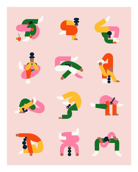 Yoga illustrations on Behance Wellness Illustration Graphic Design, Flexible Illustration, Yoga Character Design, Flexibility Illustration, Stretch Illustration, Yoga Illustration Art, Yoga Design Graphic, Infinity Illustration, Wellness Illustration