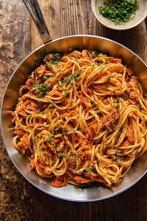 Tuna Caper Pasta, Genova Tuna Recipes, Tuna And Pasta Recipes Simple, Pasta With Tuna And Capers, Tuna Pasta Tomato Sauce, Tuna And Tomato Pasta, Tuna And Tomato Recipes, Spaghetti With Tuna Recipes, Tuna Sauce For Pasta