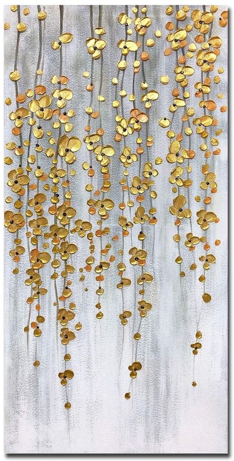 Oil Painting Decor Living Rooms, Wood On Canvas Art, Metalic Painting Ideas On Canvas, Painting With Gold Paint, 3 Paintings On Wall Ideas, Hanging Flowers Painting, Artistic Painting Ideas Artworks, Hanging Paintings On The Wall Ideas, Decorative Art Painting