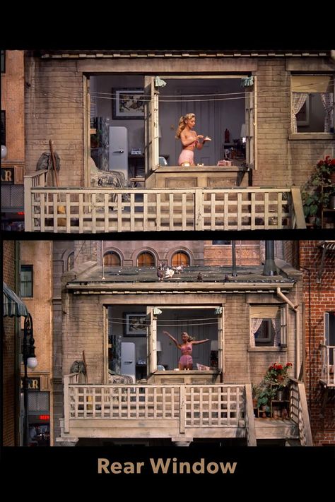 Two stills from the movie, showing Miss Torso's window at different times. 
She's shown making a sandwich, and then stretching her arms. Rear Window Movie, Alfred Hitchcock Movies, Hitchcock Film, Awesome Possum, Model City, Dead Fish, A Level Art, Alfred Hitchcock, Old Movies