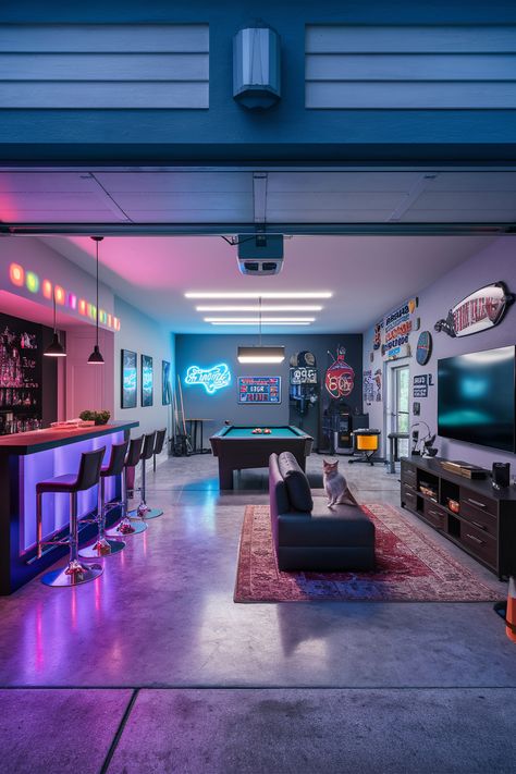 Transform your 2 car garage into the ultimate man cave! From budget builds to luxury setups, we've got ideas that'll rev your engines! Check out our latest blog! #homedesigninsider #2cargaragemancaveideas Cool Man Cave Ideas Garage, Garage Mens Cave Ideas, Garage Entertainment Room, Car Man Cave Ideas, Turn Garage Into Game Room, Garage Cave Man Ideas, Turn Garage Into Man Cave, Garage Turned Into Man Cave, Finished Garage Ideas Man Cave