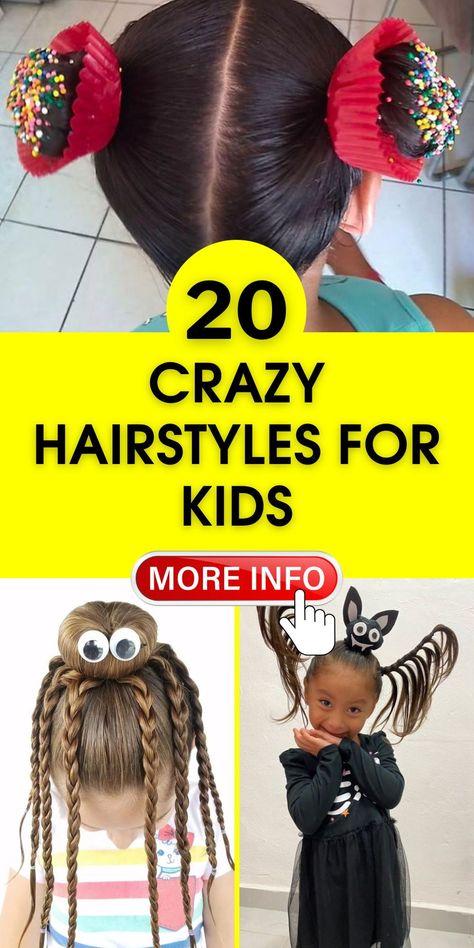 Introduce a touch of whimsy to your child's hair day with our crazy hairstyles for kids. These easy and funky hairdos, including charming buns, are perfect for adding fun to any hair day at school. Crazy Hairstyles For Kids, Easy Crazy Hairstyles, Whacky Hair Day, Crazy Hair For Kids, Crazy Hairstyles, Childrens Hairstyles, Fun Buns, Easy Hairdos, Wacky Hair Days