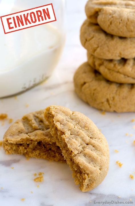 Einkorn Peanut Butter Cookies Recipe Einkorn Dessert Recipes, Einkorn Recipe, Milling Grains, Einkorn Cookies, Ancient Grains Recipes, Einkorn Bread, Spelt Recipes, Einkorn Recipes, Healthier Treats