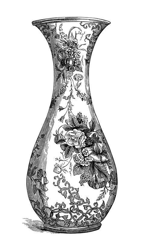 black and white clip art, free vintage image, floral vase, vase engraving, victorian vase clip art, old fashioned vase Victorian Vases, Vase Deco, Old Vases, White Png, Old Design, Black And White Vintage, Png Vintage, Drawing Black, Chinese Vase