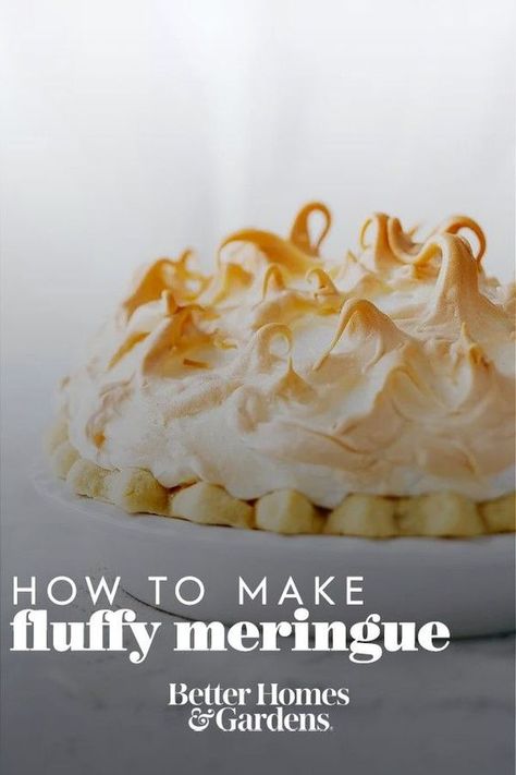 Trying to make your first lemon meringue or coconut cream pie? Learn how to make your meringue pie topping melt in your mouth using our simple steps. #howtomakemeringue #meringuerecipe #bestmeringuerecipe #bhg Making Meringue How To, Marshmallow Cream Meringue Recipe, How To Make Meringue Without Cream Of Tartar, Coconut Cream Pie Meringue, Merengue Pie Topping, Easy Meringue Recipe Without Cream Of Tartar, The Best Meringue Recipe, Coconut Cream Meringue Pie, How To Make Lemon Meringue