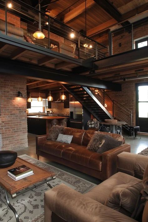 "Bring the industrial vibe into your home with these Loft Inspirations! 🏭✨ Perfect for creating a sleek, urban retreat. 🌟✨ #LoftDecor #IndustrialLiving #HomeDesignIdeas" Man Apartment Ideas, New York Loft Apartment Industrial, Industrial Loft Apartment Warehouse Living, Modern Industrial Loft Apartment, Industrial Warehouse Home, Loft Home Design, Urban Sanctuary, Loft Apartment Industrial, Warehouse Living