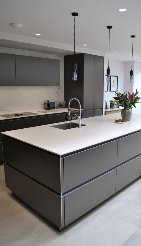 Handle Less Kitchen, Statement Island, Modern Dark Kitchen, Grey Kitchen Furniture, Modern Grey Kitchen Design, Dark Grey Kitchen Cabinets, White Kitchen Cupboards, Kitchen Design Showrooms, Ultra Modern Kitchen