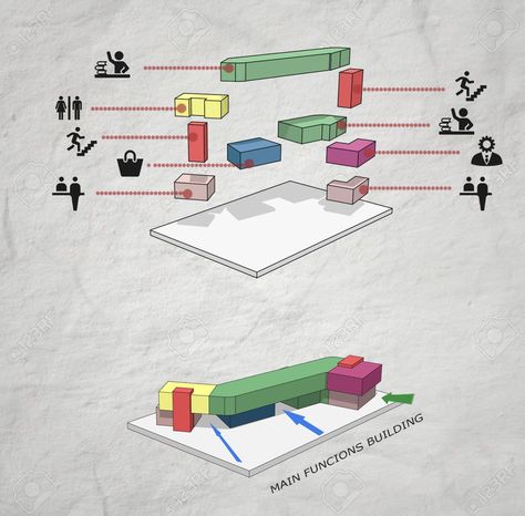 Architecture Sections Photoshop, Architectural Massing Diagram, 3d Zoning Diagram, 3d Zoning Architecture Diagram, 3d Section Architecture, Museum Concept Ideas, 3d Zoning, Massing Diagram Architecture, Section Diagram Architecture