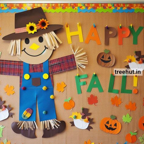 These scarecrow-themed bulletin board ideas and activities will engage students in a variety of subjects while incorporating the fun and festive theme of scarecrows. Harvest Theme Bulletin Board, Bulletin Board For Thanksgiving, Fall Theme Decorations For Classroom, Scarecrow Window Display, Scare Crow Bulletin Board Ideas, Halloween Boards Bulletin For School, Fall Bulletin Boards For School, Classroom Pumpkin Patch Bulletin Board, Fall Is In The Air Bulletin Board