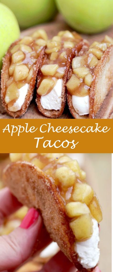 Cheesecake Tacos Recipe, Apple Cheesecake Tacos, Tacos Crunchy, Apple Tacos, Cinnamon Sugar Tortilla, Cheesecake Apple, Cheesecake Tacos, Apple Pie Tacos, Sweet Taco