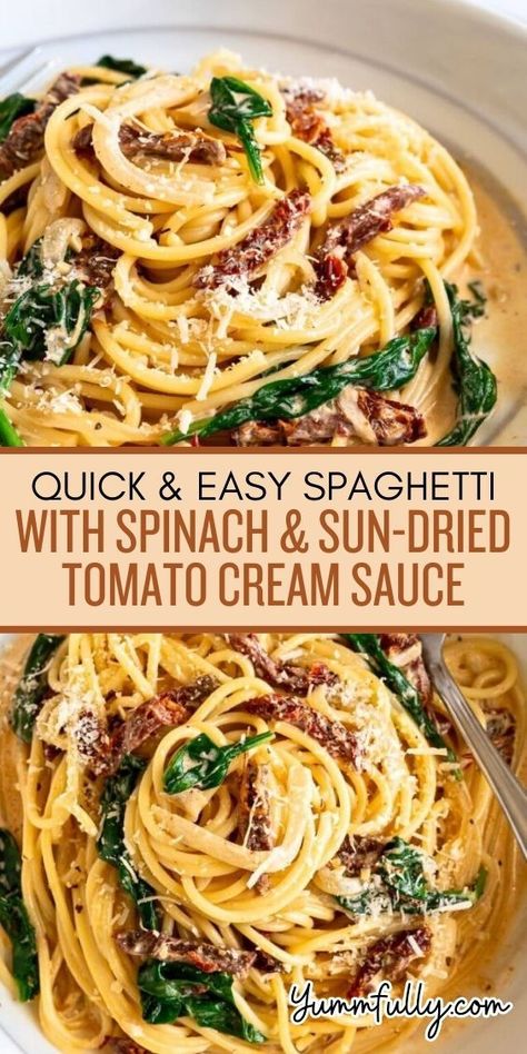 Need a quick but utterly delicious pasta fix? This 20-minute Spaghetti with Spinach & Sun-Dried Tomato Cream Sauce is it! It’s a one-pan masterpiece that is both simple and sophisticated. This could easily be a date night dinner or something you serve to pamper family and friends! Spaghetti Spinach, Spaghetti With Spinach, Tomato Cream Sauce, Easy Spaghetti, Pasta Dinner Recipes, Sun Dried Tomatoes, Spaghetti Recipes, Creamy Pasta, Cream Sauce