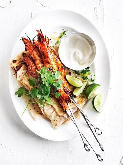 Tandoori Prawn Skewers With Roti And Lime Yoghurt Dressing | Donna Hay Tandoori Sauce, Prawn Skewers, Donna Hay Recipes, Chowder Recipes Seafood, Yoghurt Dressing, Donna Hay, Dinner Restaurants, Quick And Easy Dinner, Seafood Restaurant