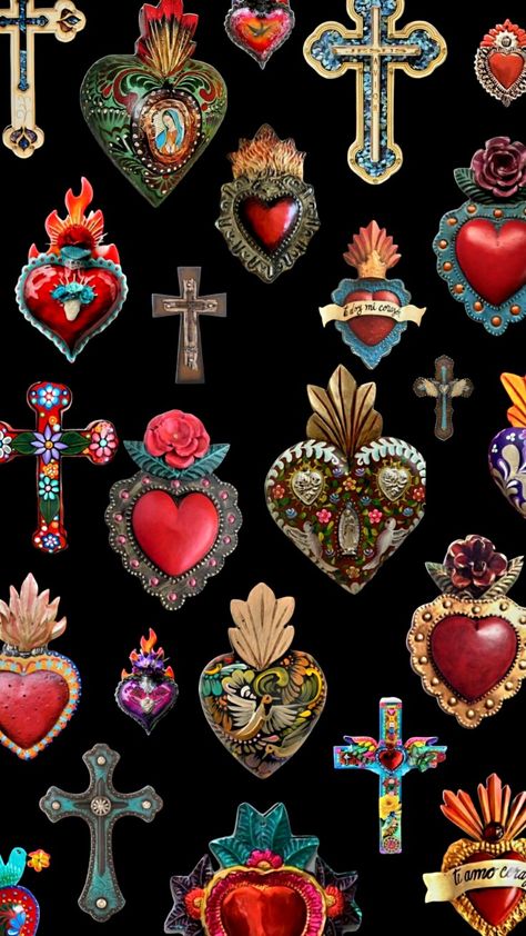 Mexican Heart Wallpaper, Aztec Wallpaper Iphone, Cross Wall Collage, Mexican Collage, Sacred Heart Art, Minimalist Wallpaper Phone, Trippy Cartoon, Catholic Wallpaper, Mexican Culture Art